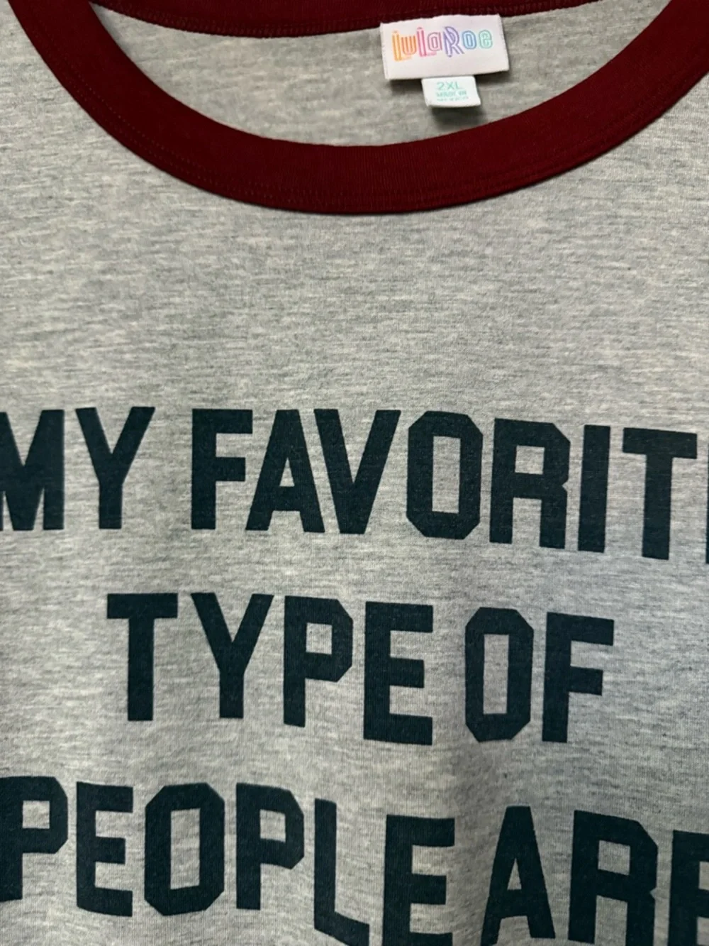 LuLaRoe Gray Tee with Burgundy Trim & Graphic